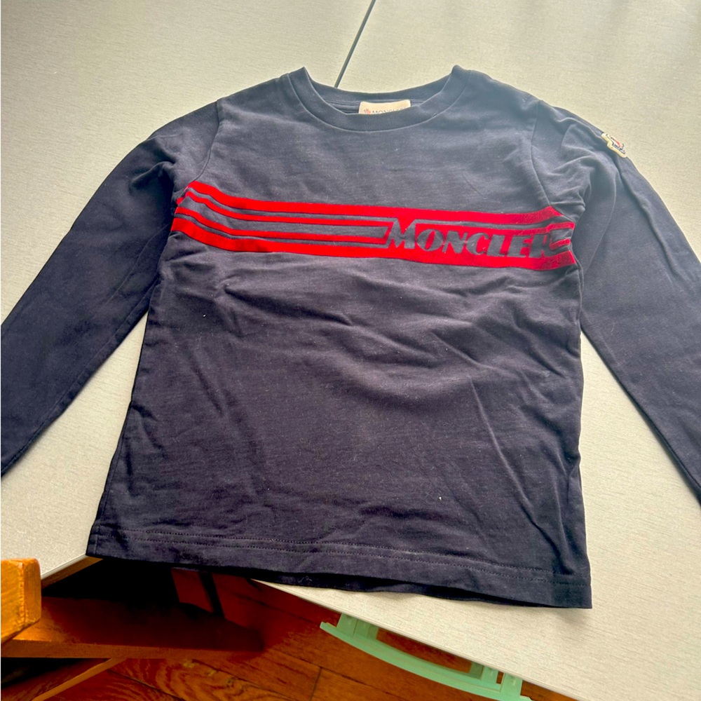Moncler  100% cotton long sleeve t shirt in navy blue with moncler in red velvet